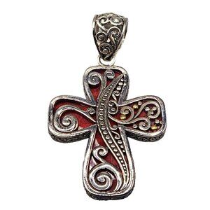 Samuel Benham STERLING SILVER / 18K Red CORAL CROSTERLING SILVER Cross PENDANT